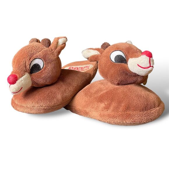 Rudolph the Red-Nosed Reindeer Kids Holiday Slippers Brown Cozy Non-Slip Winter - Picture 1 of 9